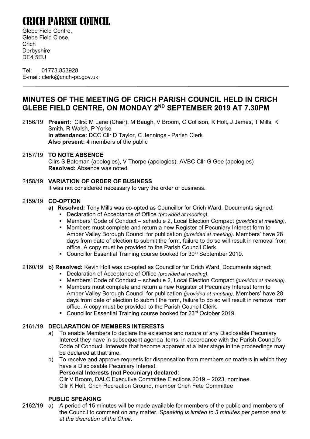 Minutes, Council, 2 September 2019