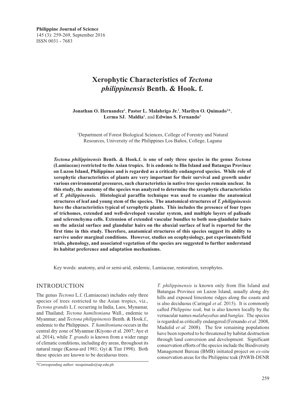 Xerophytic Characteristics of Tectona Philippinensis Benth. & Hook. F