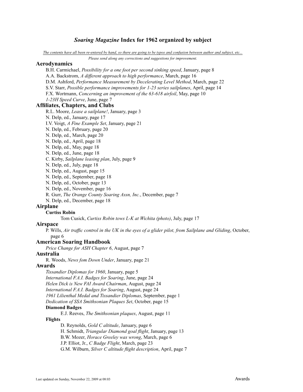 Soaring Magazine Index for 1962 Organized by Subject Aerodynamics