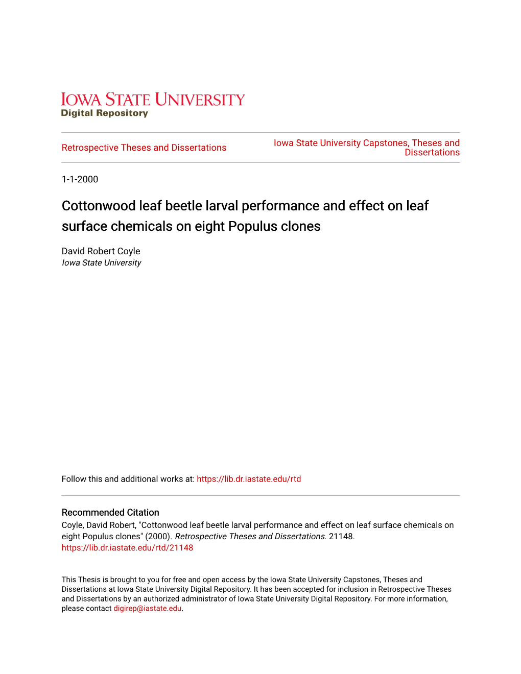 Cottonwood Leaf Beetle Larval Performance and Effect on Leaf Surface Chemicals on Eight Populus Clones