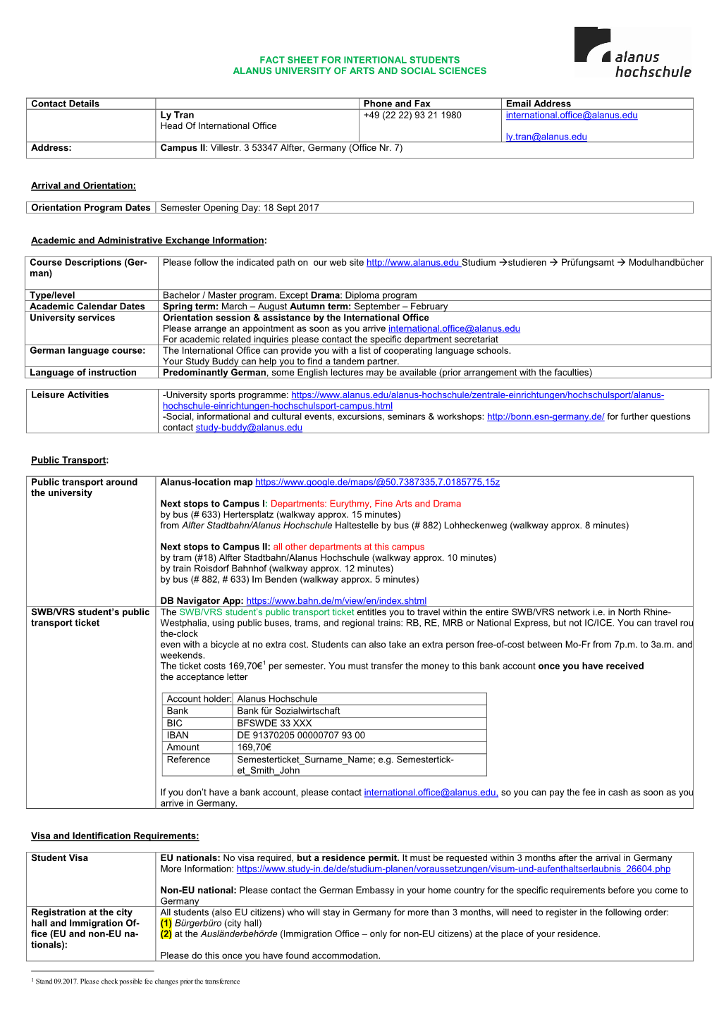 Fact Sheet for Intertional Students Alanus University of Arts and Social Sciences