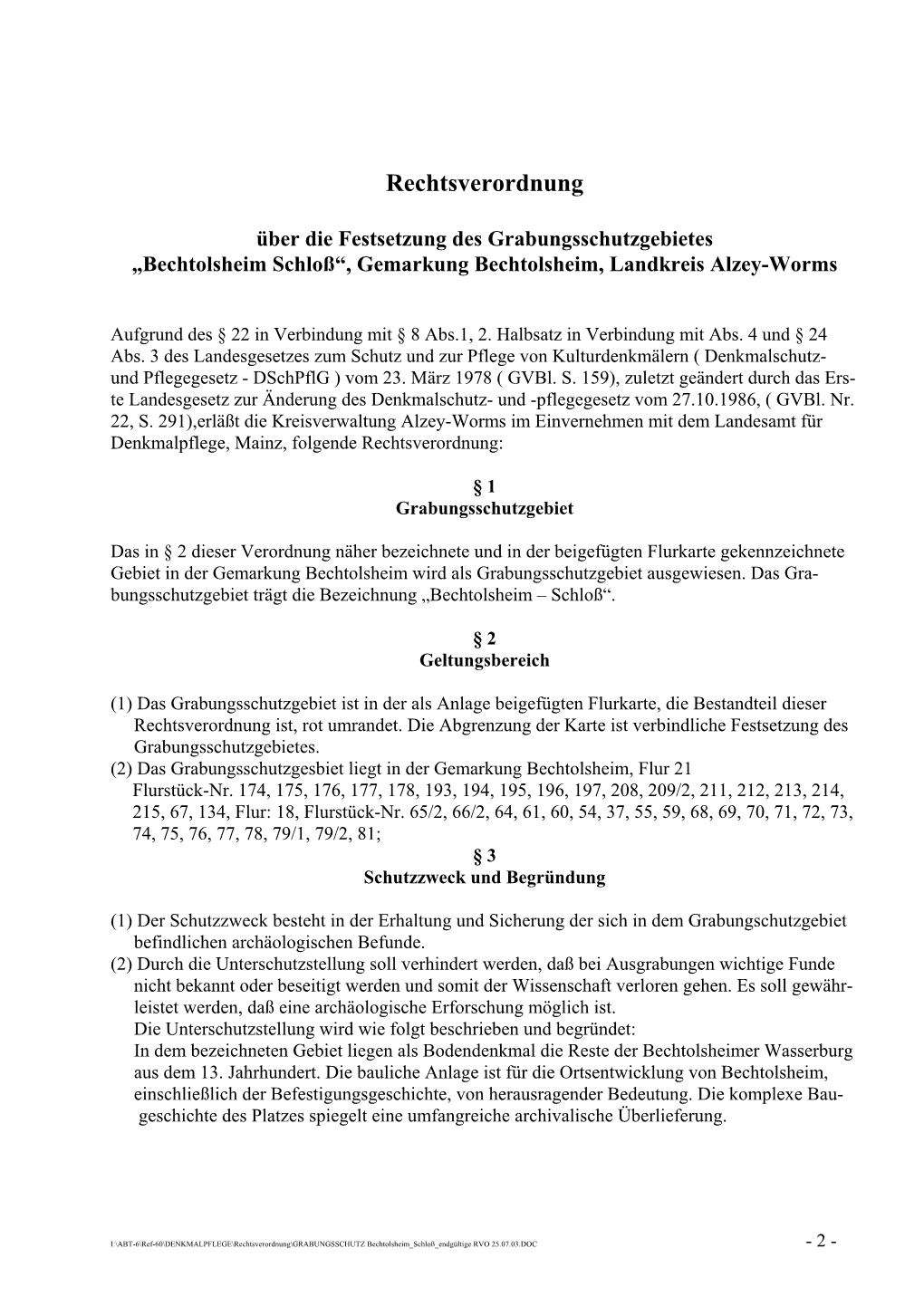 Rechtsverordnung Über Die Festsetzung Des Grabungsschutzgebietes Bechtolsheim Schloß