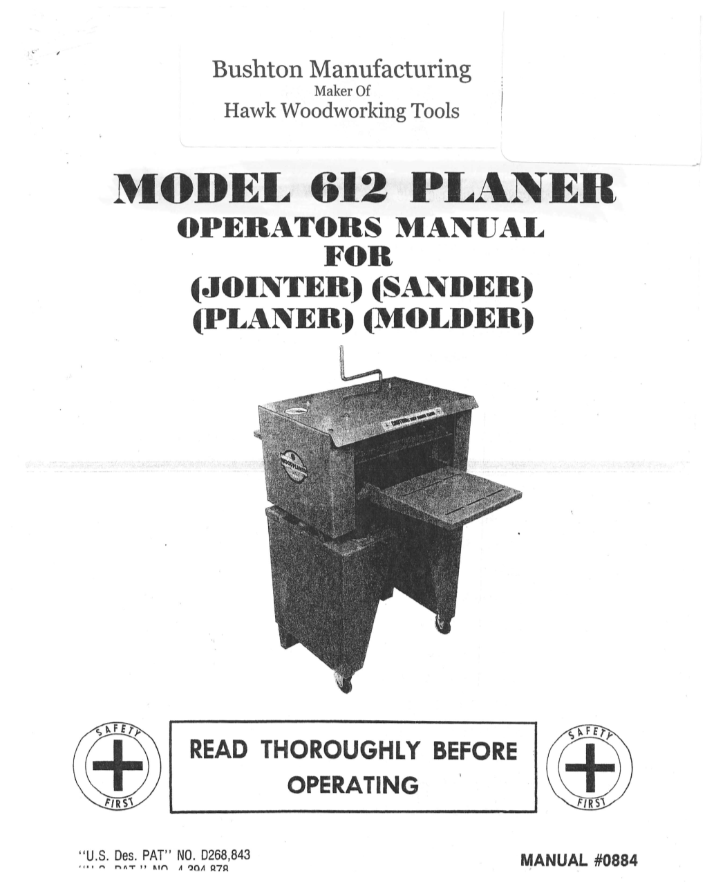 Model 612 Planer Operators Manual for (Jointer) (Sander) (Planer) (Molder)