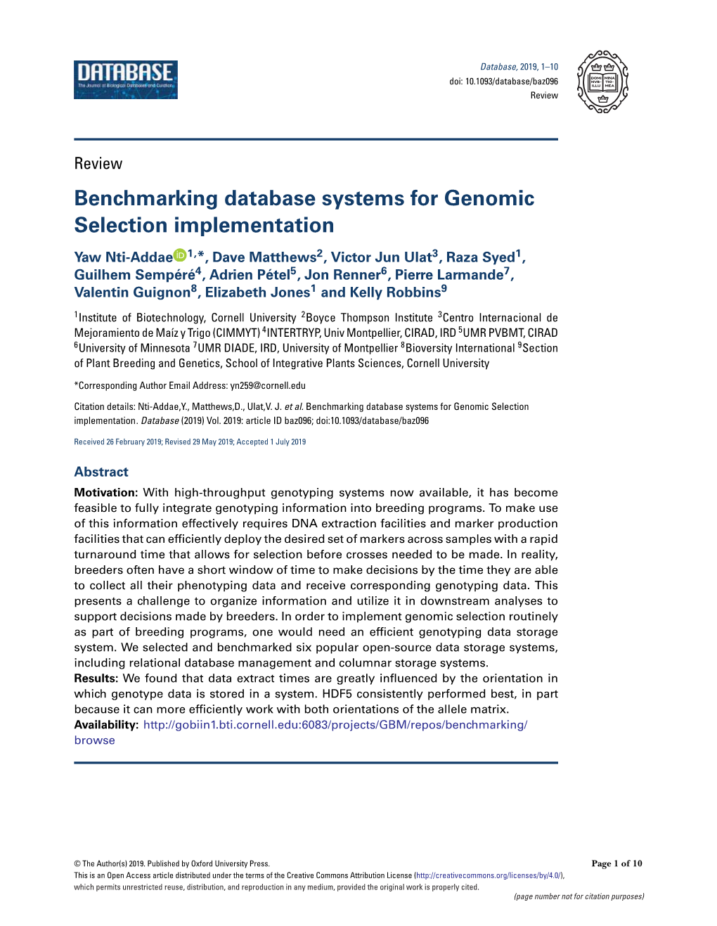 Benchmarking Database Systems for Genomic Selection Implementation