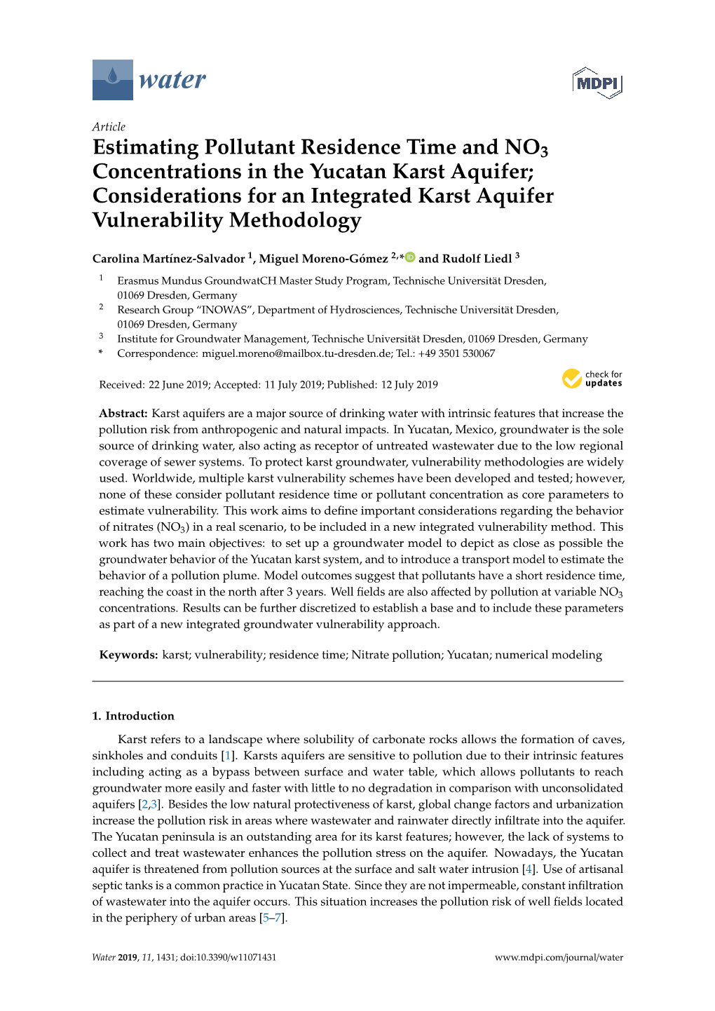 Estimating Pollutant Residence Time and NO3 Concentrations in the Yucatan Karst Aquifer; Considerations for an Integrated Karst Aquifer Vulnerability Methodology