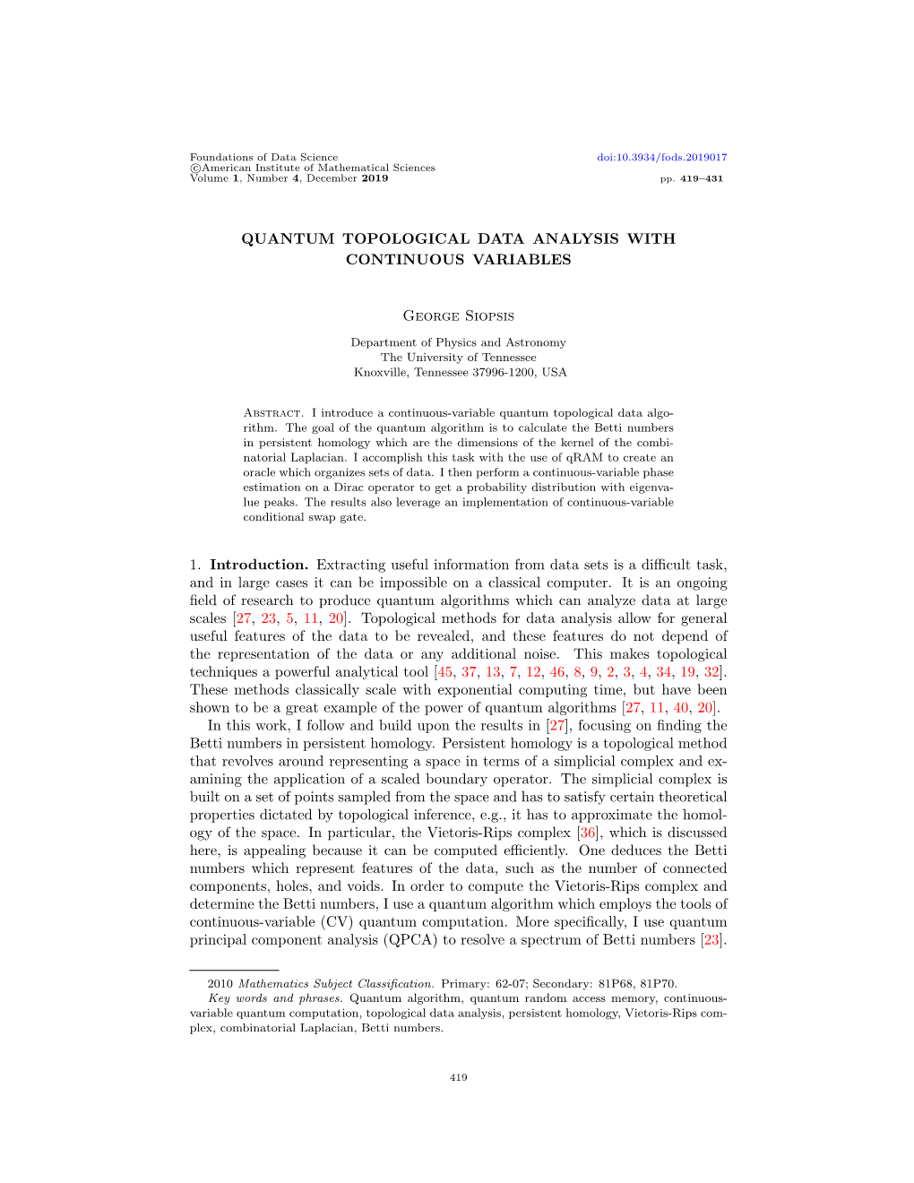 Quantum Topological Data Analysis with Continuous Variables