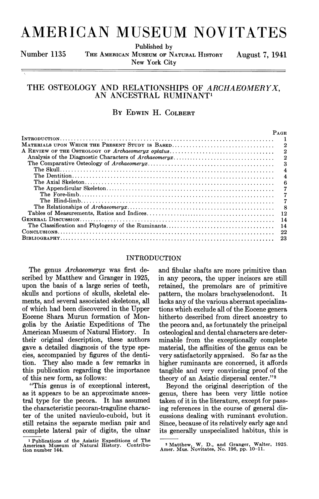 AMERICAN MUSEUM NOVITATES Published by Number 1135 the AMERICAN MUSEUM of NATURAL HISTORY August 7, 1941 New York City