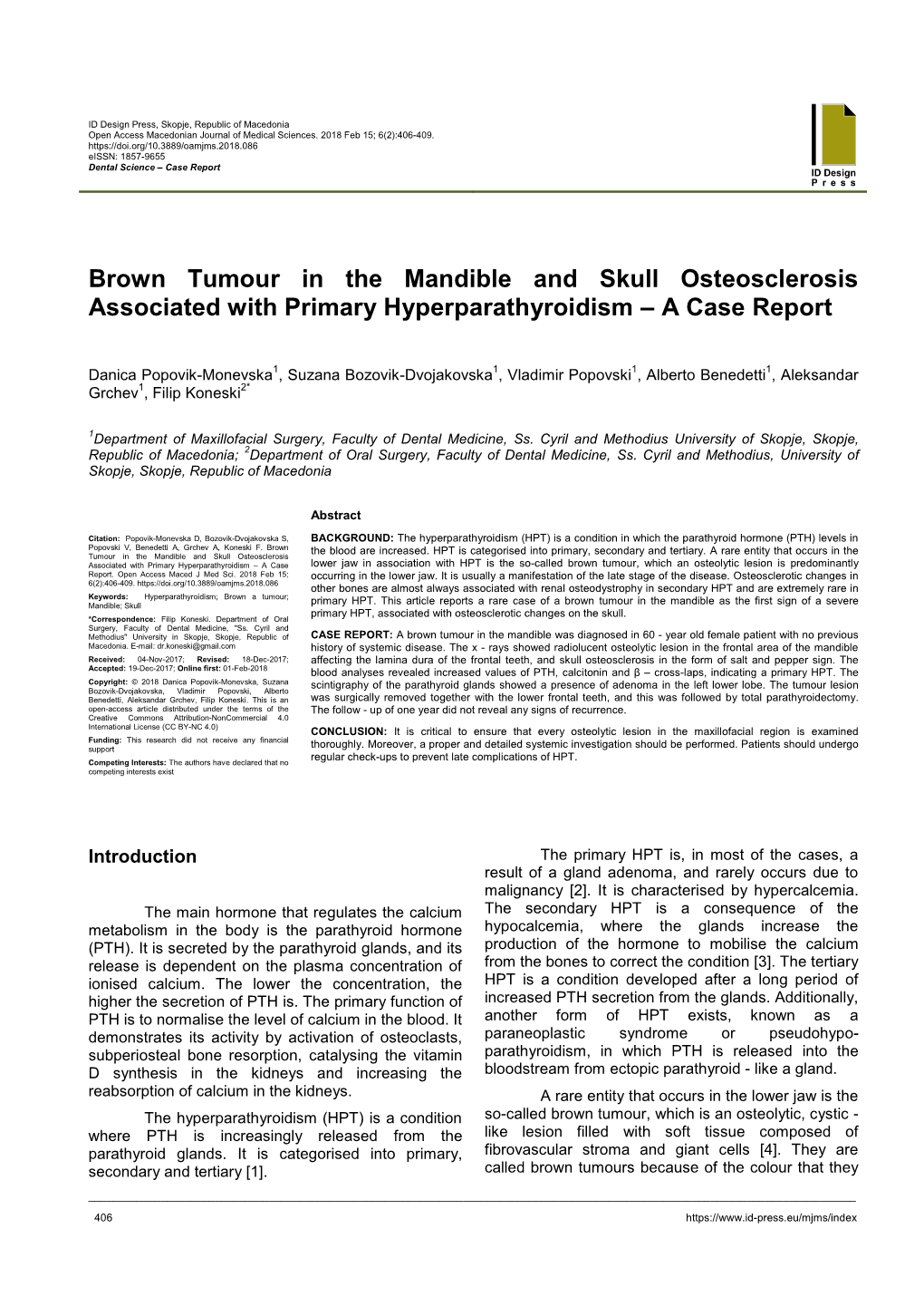 Brown Tumour in the Mandible and Skull Osteosclerosis Associated with Primary Hyperparathyroidism – a Case Report