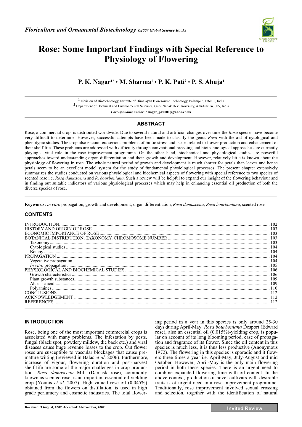 Rose: Some Important Findings with Special Reference to Physiology of Flowering