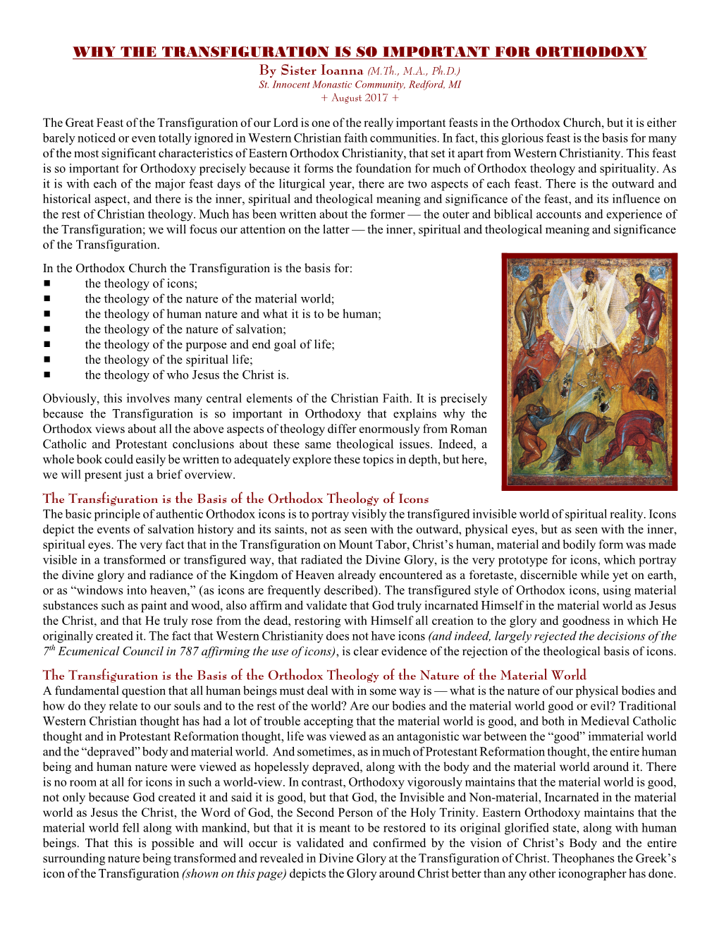 WHY the TRANSFIGURATION IS SO IMPORTANT for ORTHODOXY by Sister Ioanna (M.Th., M.A., Ph.D.) St