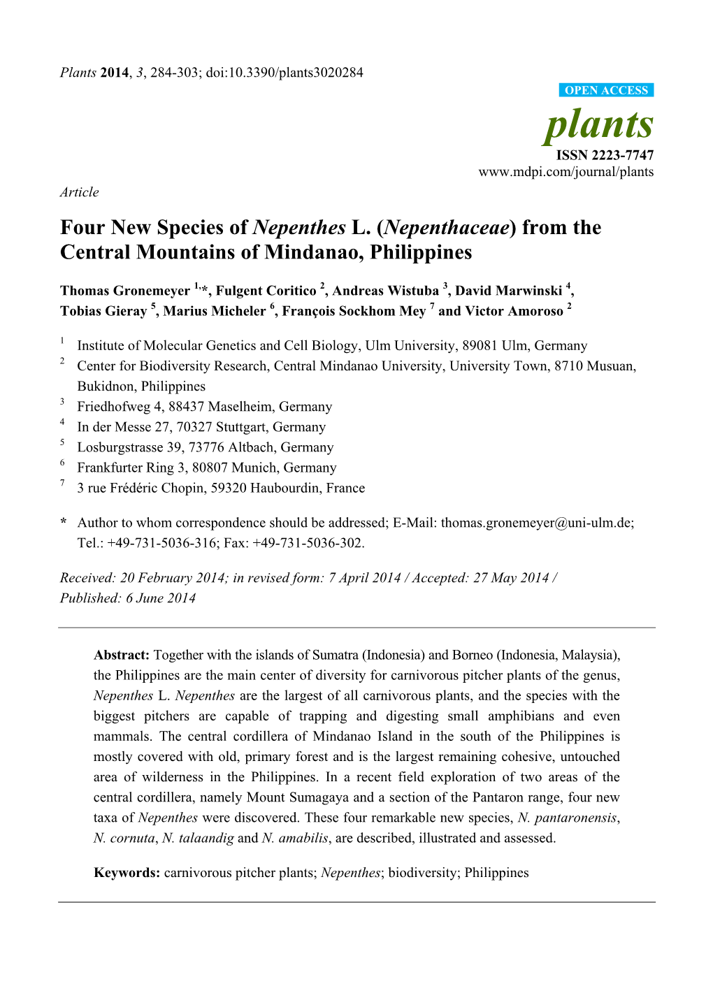 Four New Species of Nepenthes L. (Nepenthaceae) from the Central Mountains of Mindanao, Philippines