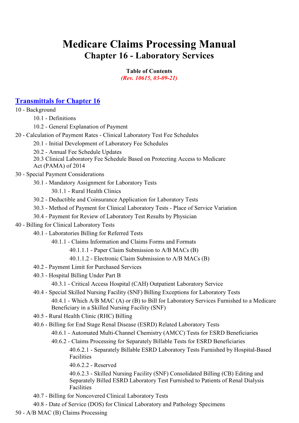 Medicare Claims Processing Manual Chapter 16 – Laboratory