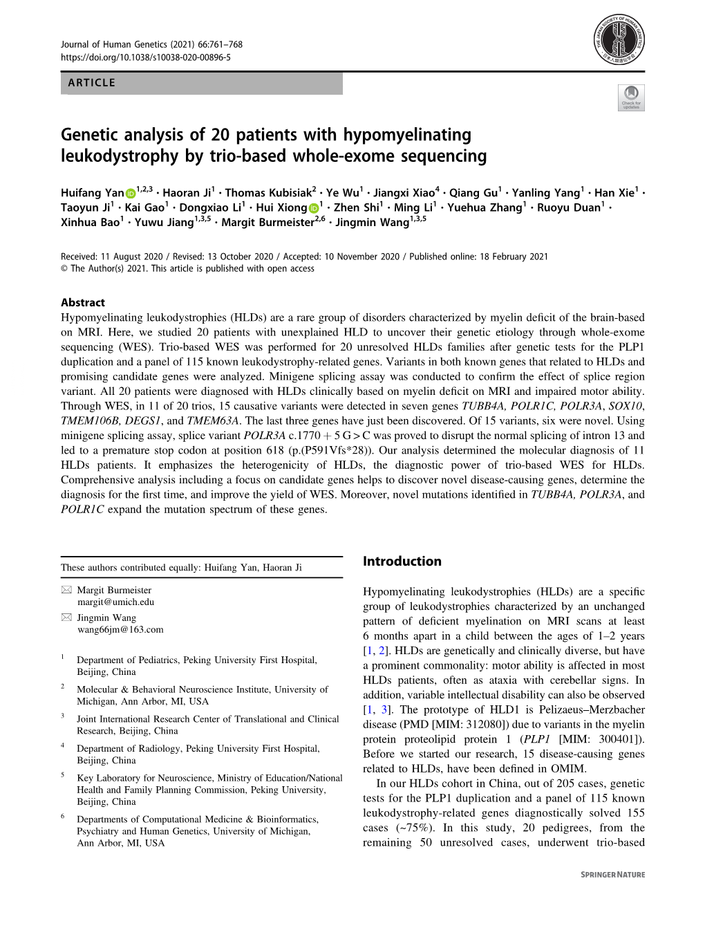 Genetic Analysis of 20 Patients with Hypomyelinating Leukodystrophy by Trio-Based Whole-Exome Sequencing