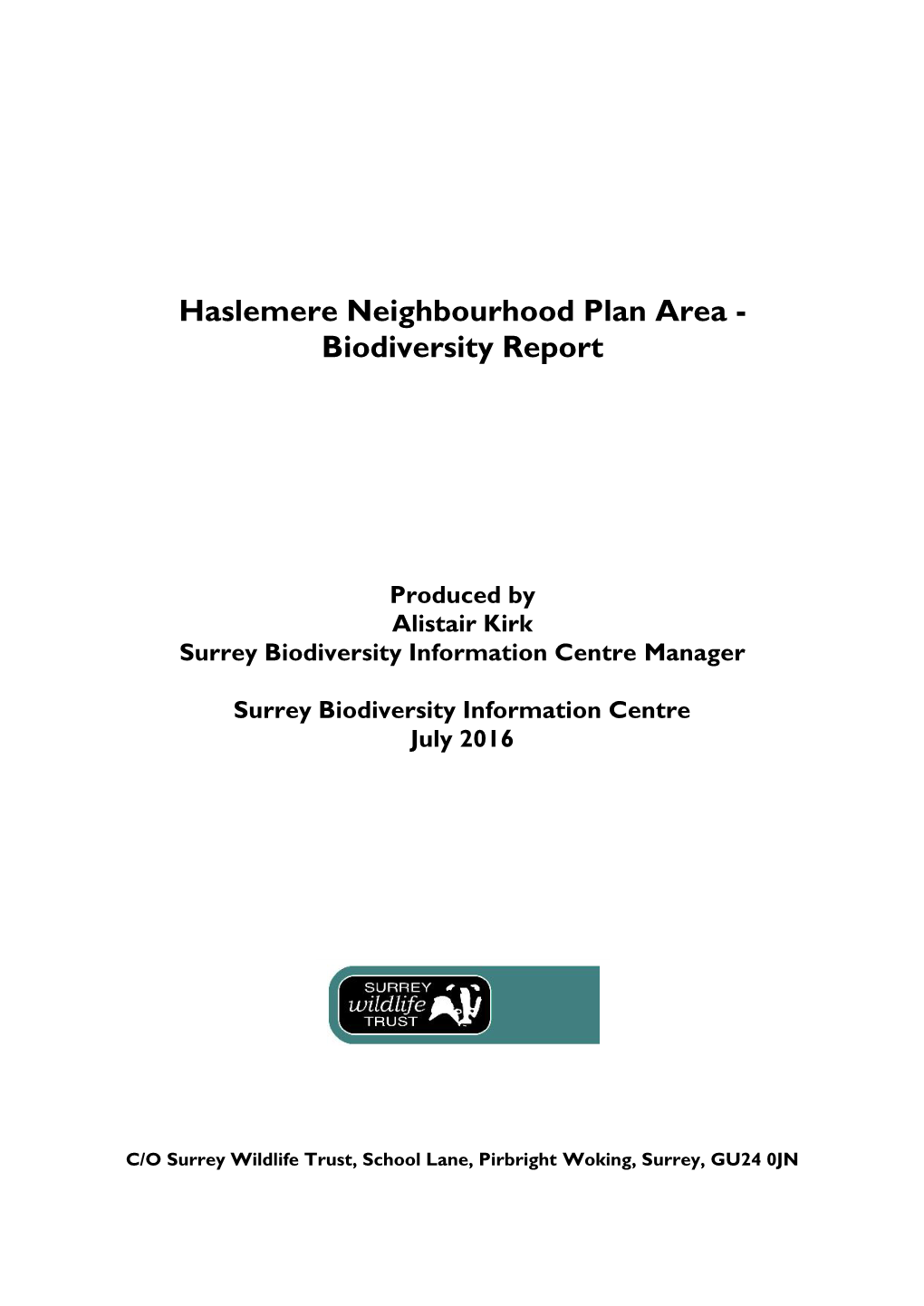 Haslemere Neighbourhood Plan Area - Biodiversity Report