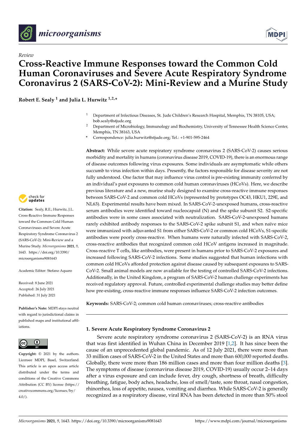 Cross-Reactive Immune Responses Toward the Common Cold Human Coronaviruses and Severe Acute Respiratory Syndrome Coronavirus