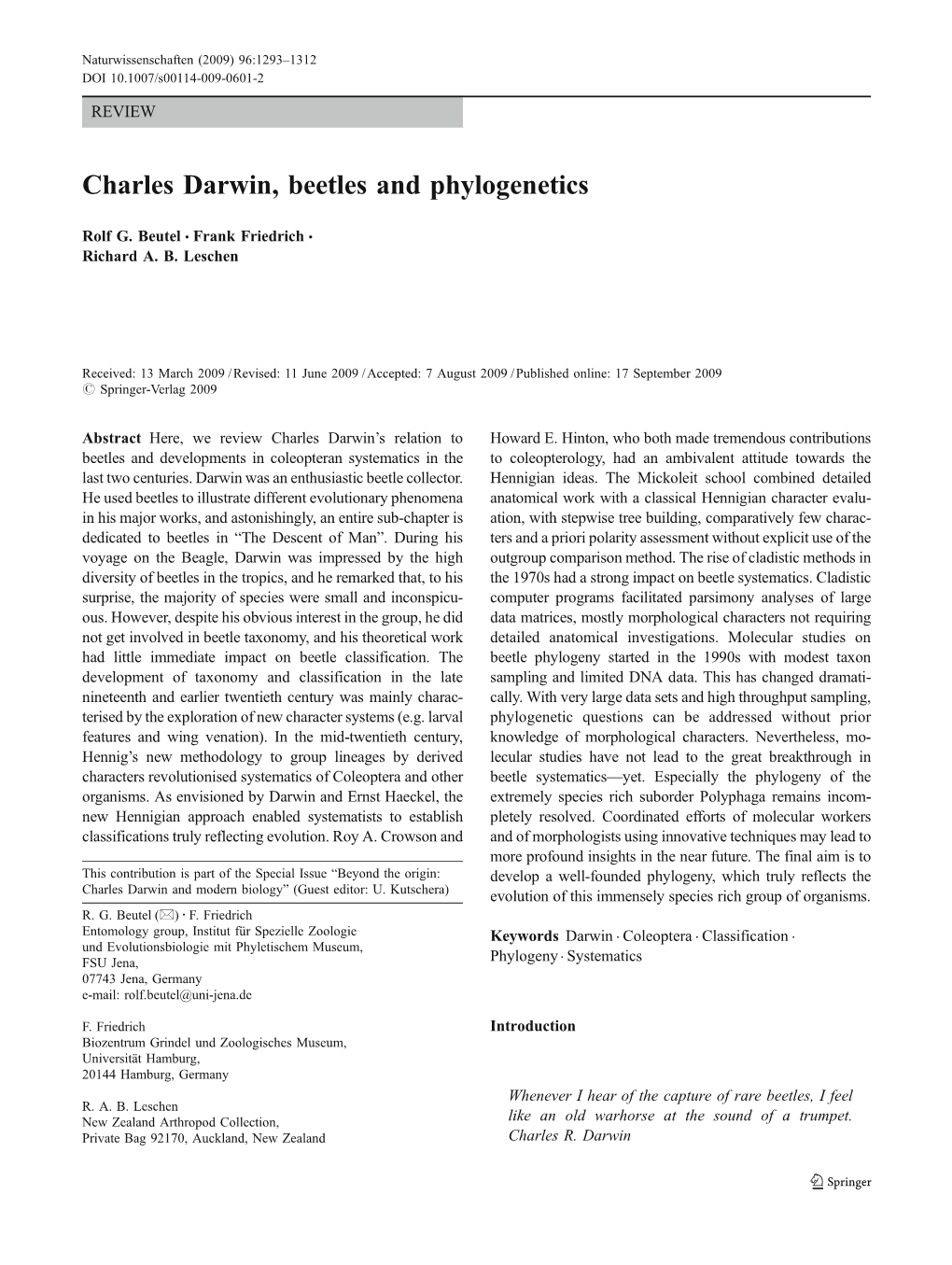 Charles Darwin, Beetles and Phylogenetics