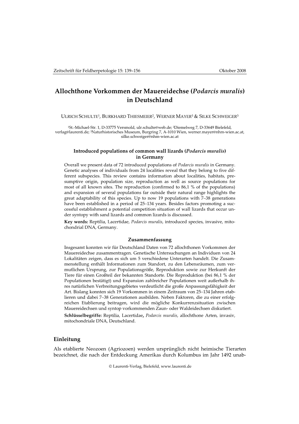 Allochthone Vorkommen Der Mauereidechse (Podarcis Muralis) in Deutschland