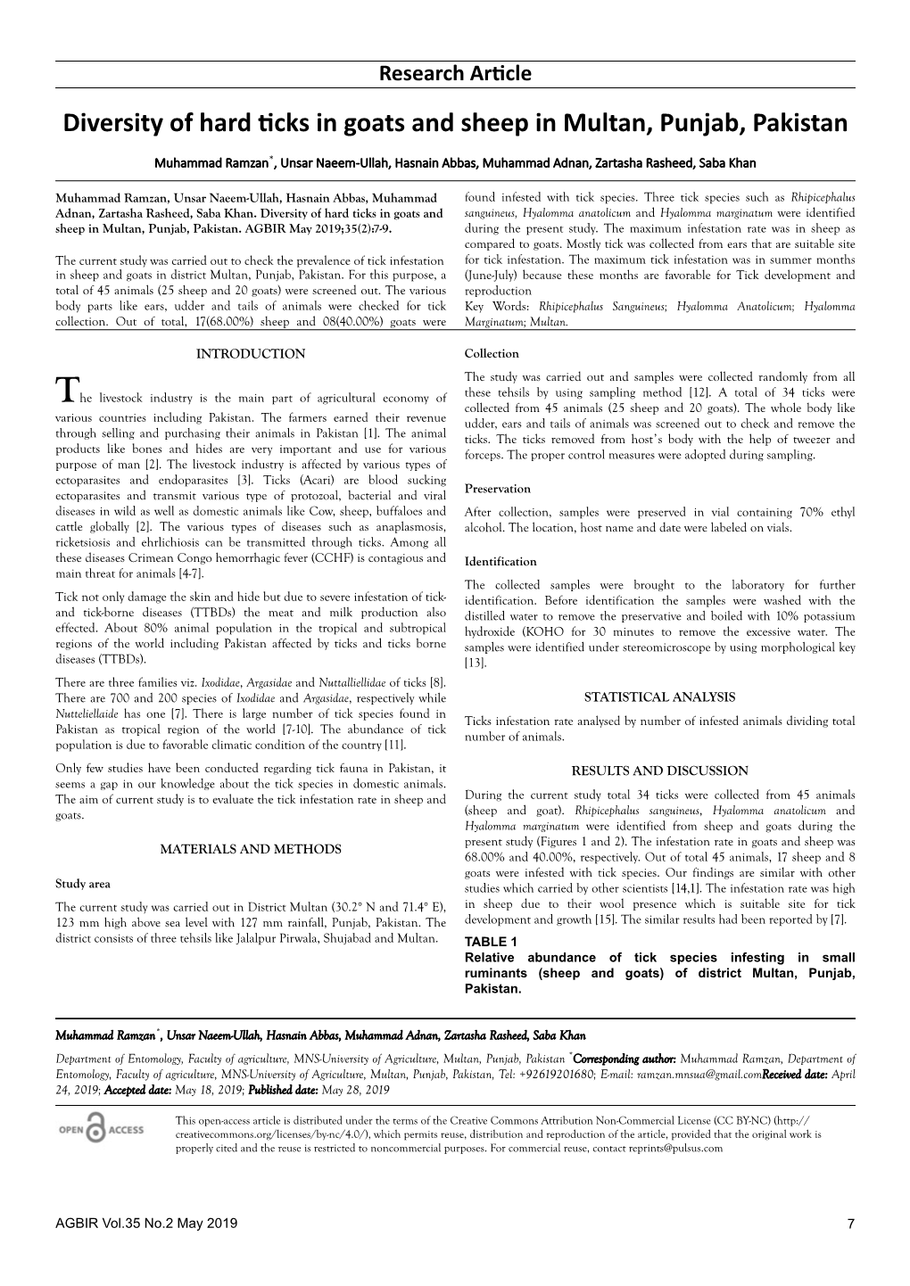 Diversity of Hard Ticks in Goats and Sheep in Multan, Punjab, Pakistan