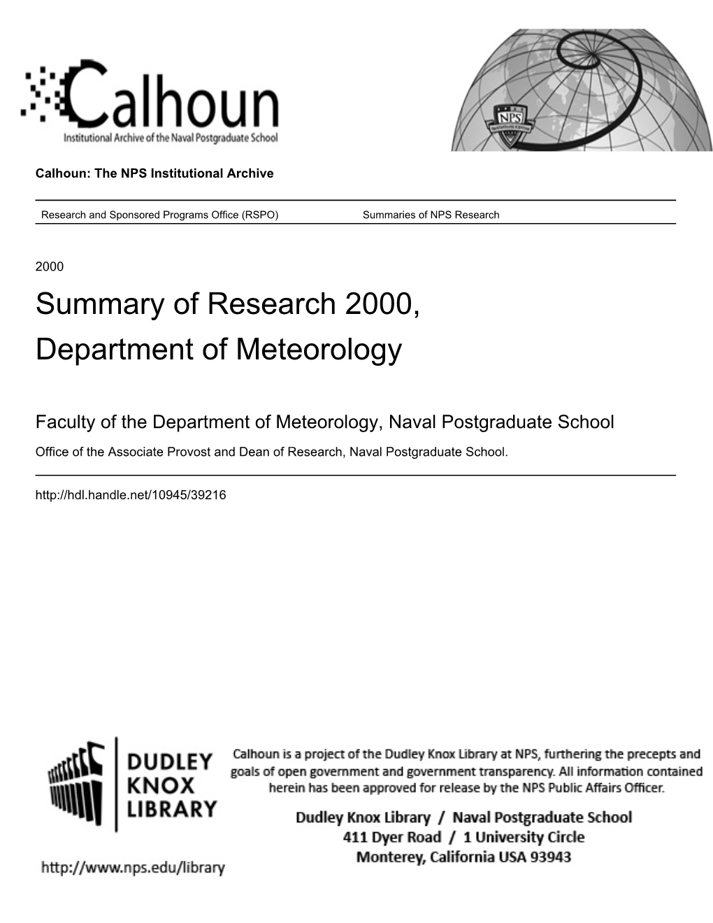 Summary of Research 2000, Department of Meteorology