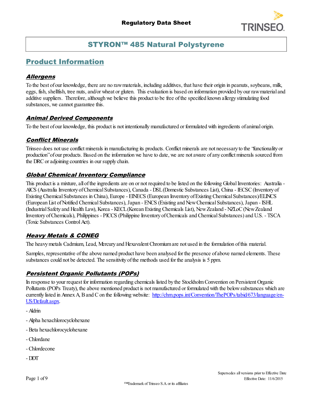 STYRON™ 485 Natural Polystyrene Product Information