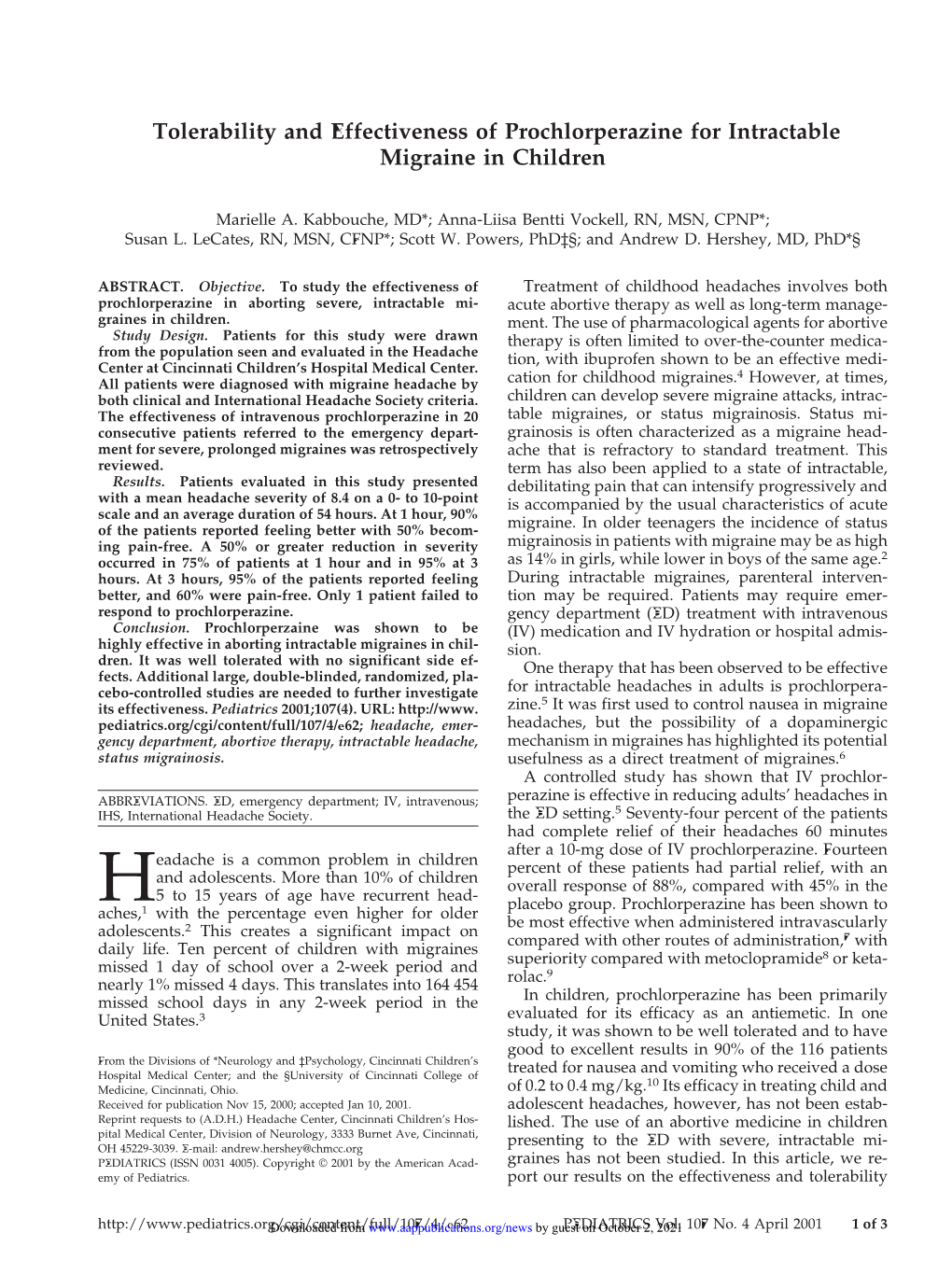 Tolerability and Effectiveness of Prochlorperazine for Intractable Migraine in Children