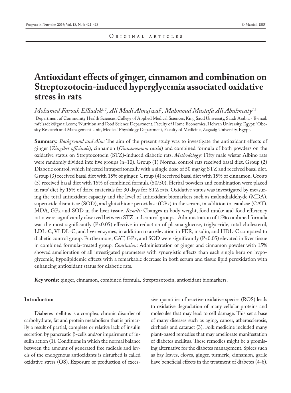 Antioxidant Effects of Ginger, Cinnamon and Combination On