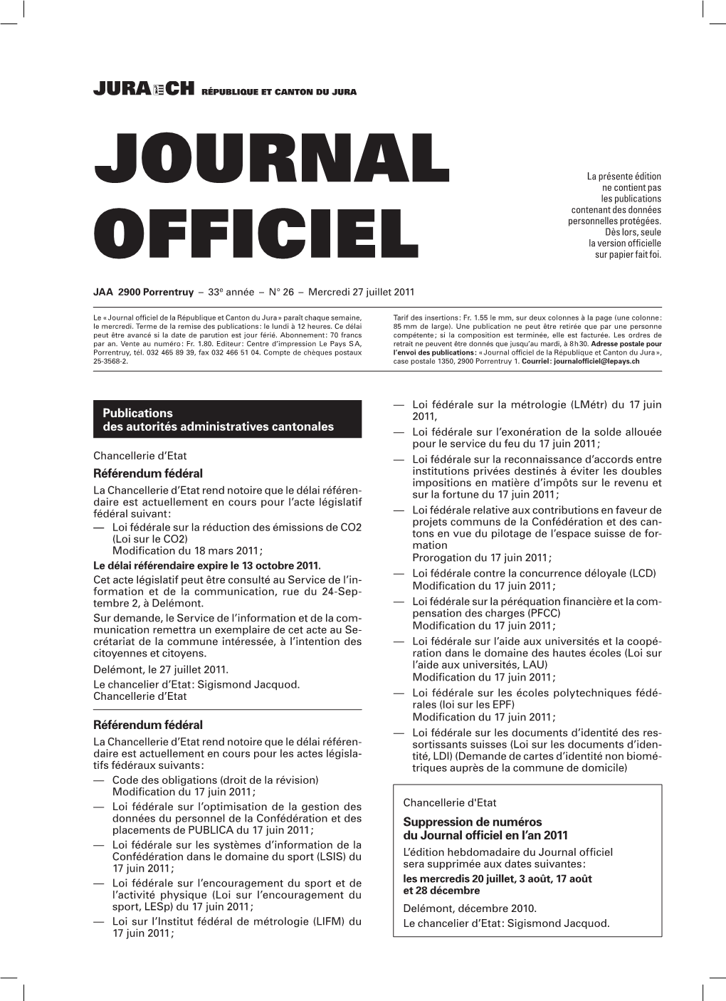 Journal Officiel De La République Et Canton Du Jura » Paraît Chaque Semaine, Tarif Des Insertions : Fr