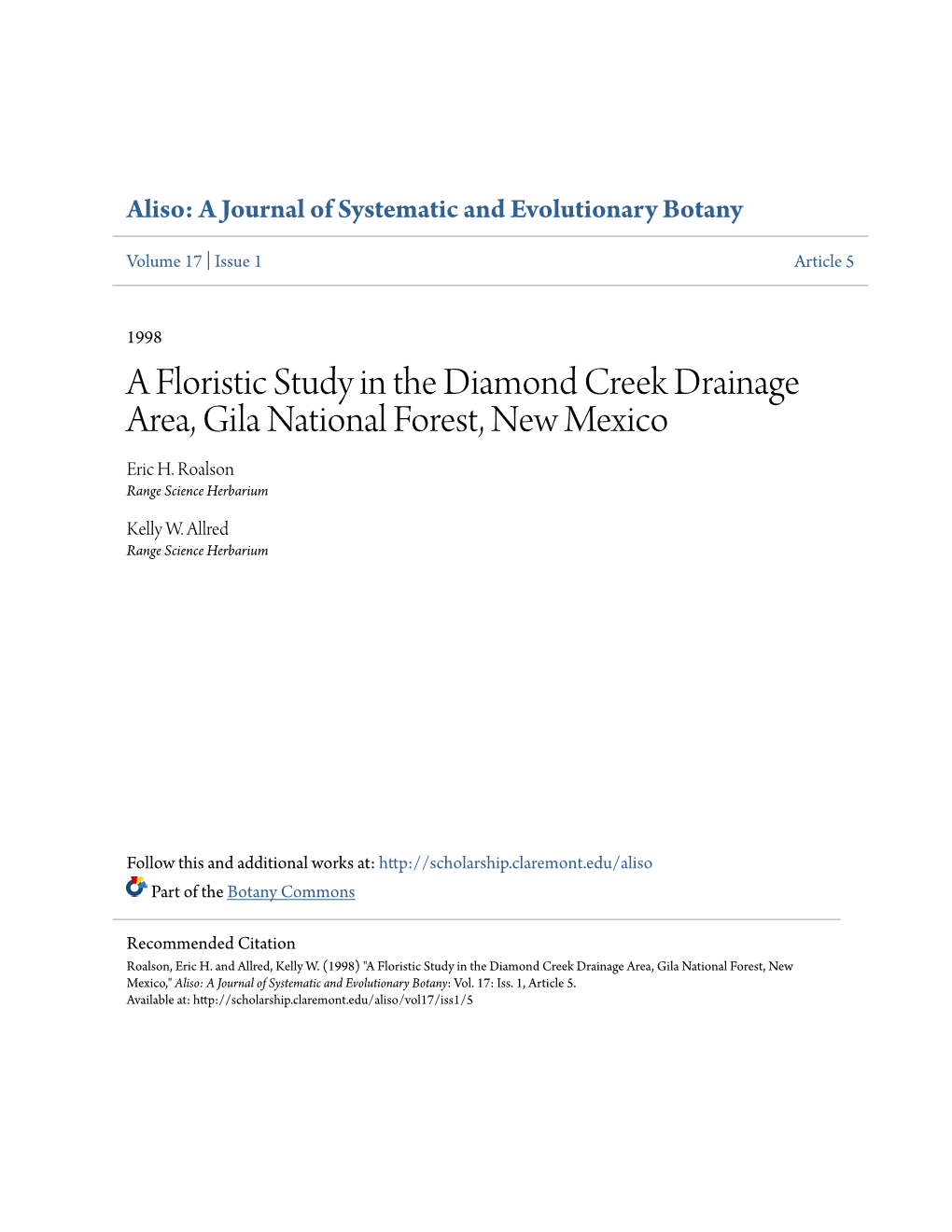 A Floristic Study in the Diamond Creek Drainage Area, Gila National Forest, New Mexico Eric H