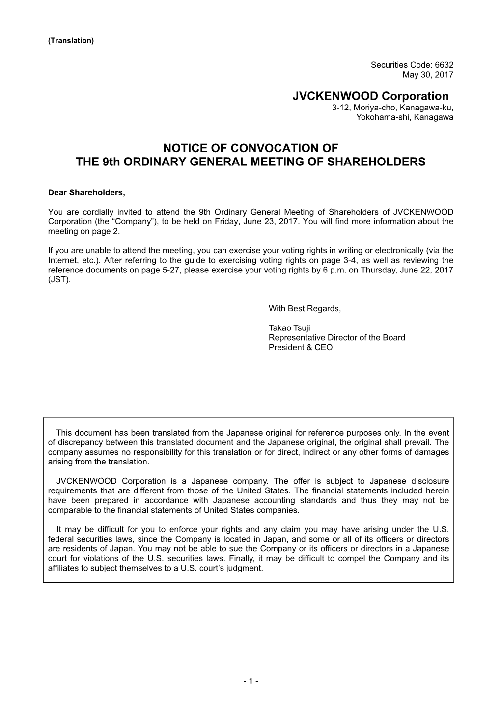 JVCKENWOOD Corporation NOTICE of CONVOCATION of the 9Th