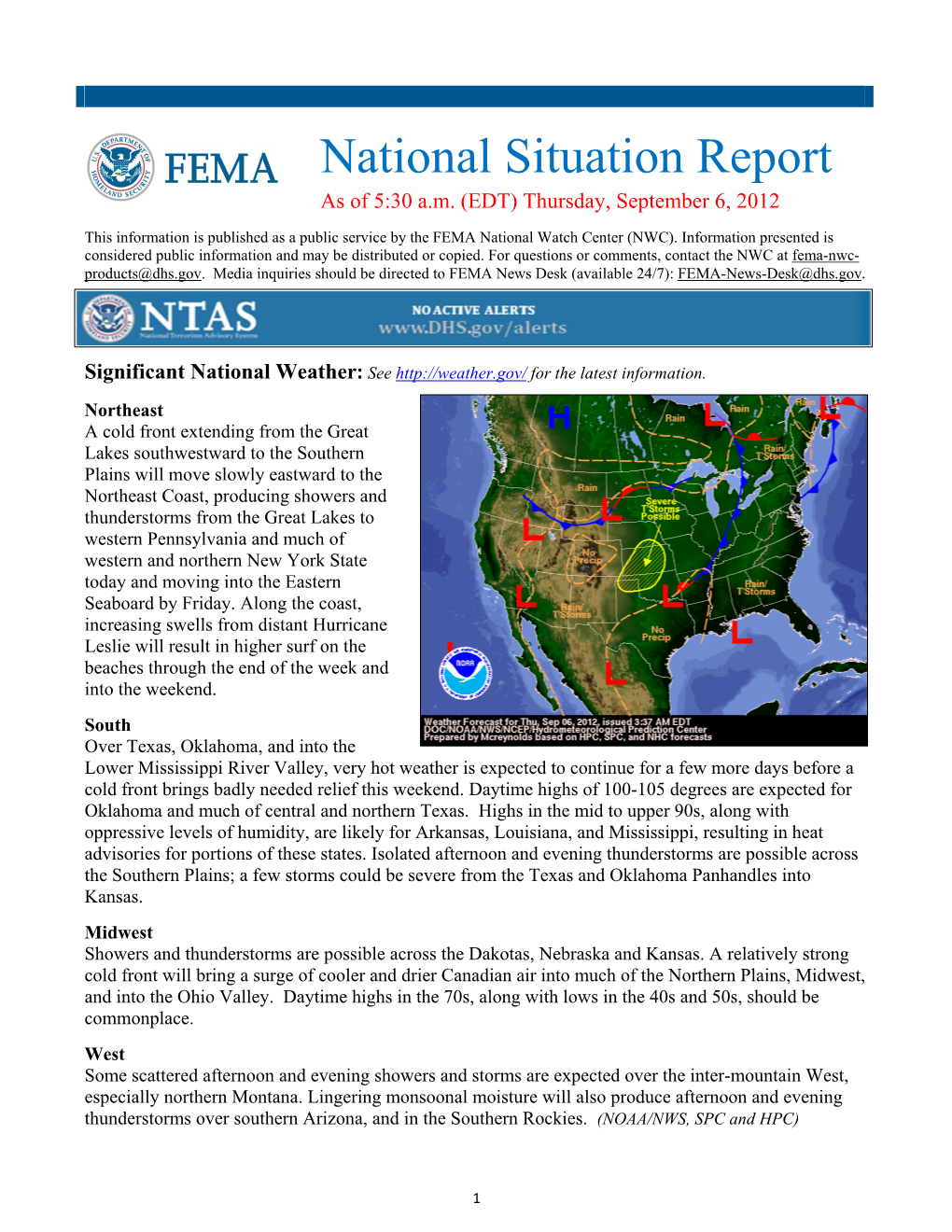 National Situation Report As of 5:30 A.M