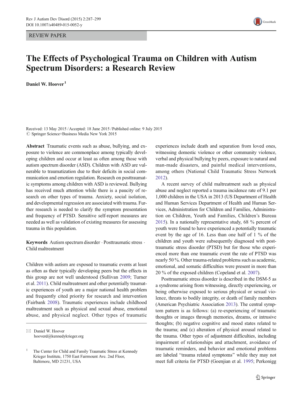 The Effects of Psychological Trauma on Children with Autism Spectrum Disorders: a Research Review