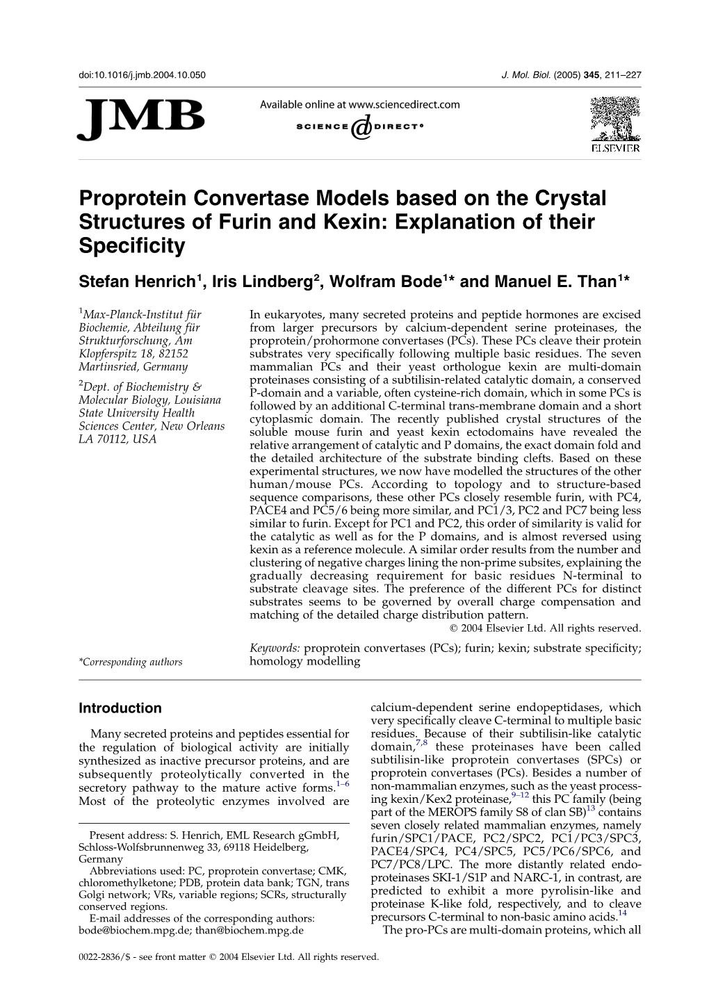 Proprotein Convertase Models Based on the Crystal Structures of Furin and Kexin: Explanation of Their Speciﬁcity