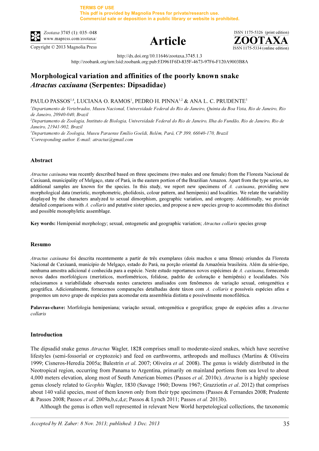 Morphological Variation and Affinities of the Poorly Known Snake Atractus Caxiuana (Serpentes: Dipsadidae)