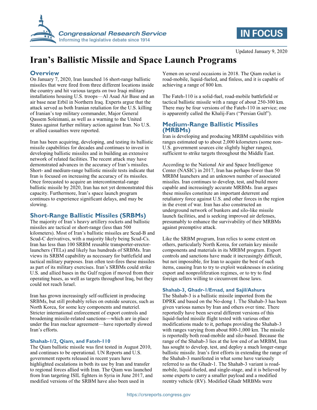 Iran's Ballistic Missile and Space Launch Programs