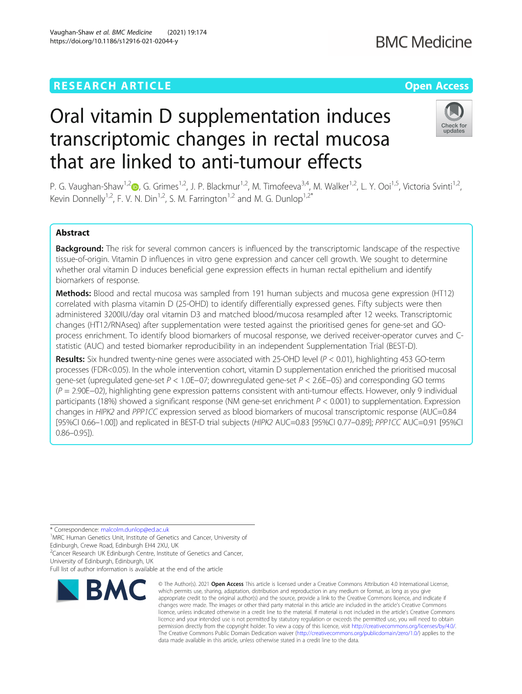 Oral Vitamin D Supplementation Induces Transcriptomic Changes in Rectal Mucosa That Are Linked to Anti-Tumour Effects P