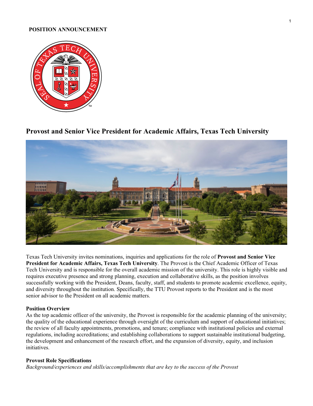 Provost and Senior Vice President for Academic Affairs, Texas Tech University