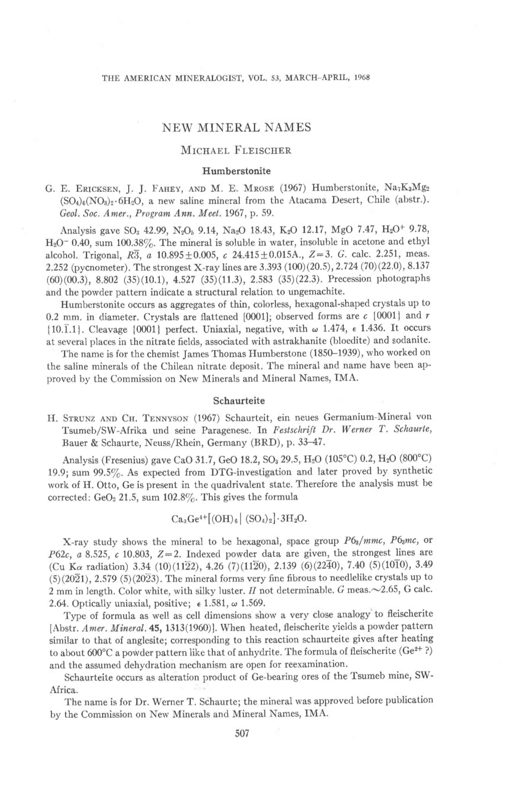 NEW MINERAL NAMES Mrcn,Qnl Frbrscnon Humberstonite G. E. Enrcxsrr.R,J J Fennv,Awo M