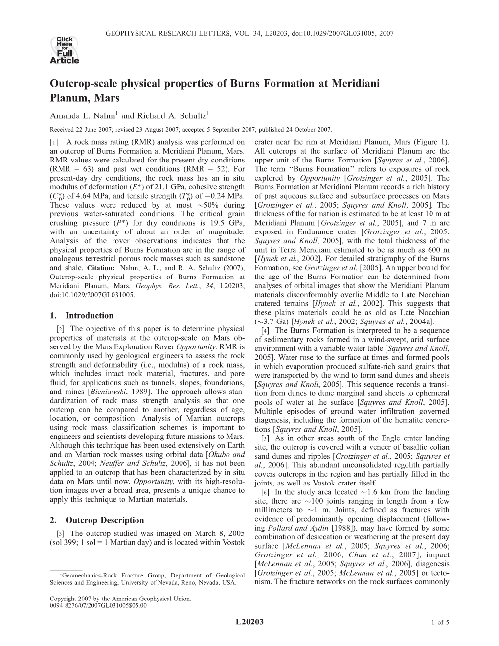 Outcrop-Scale Physical Properties of Burns Formation at Meridiani Planum, Mars Amanda L