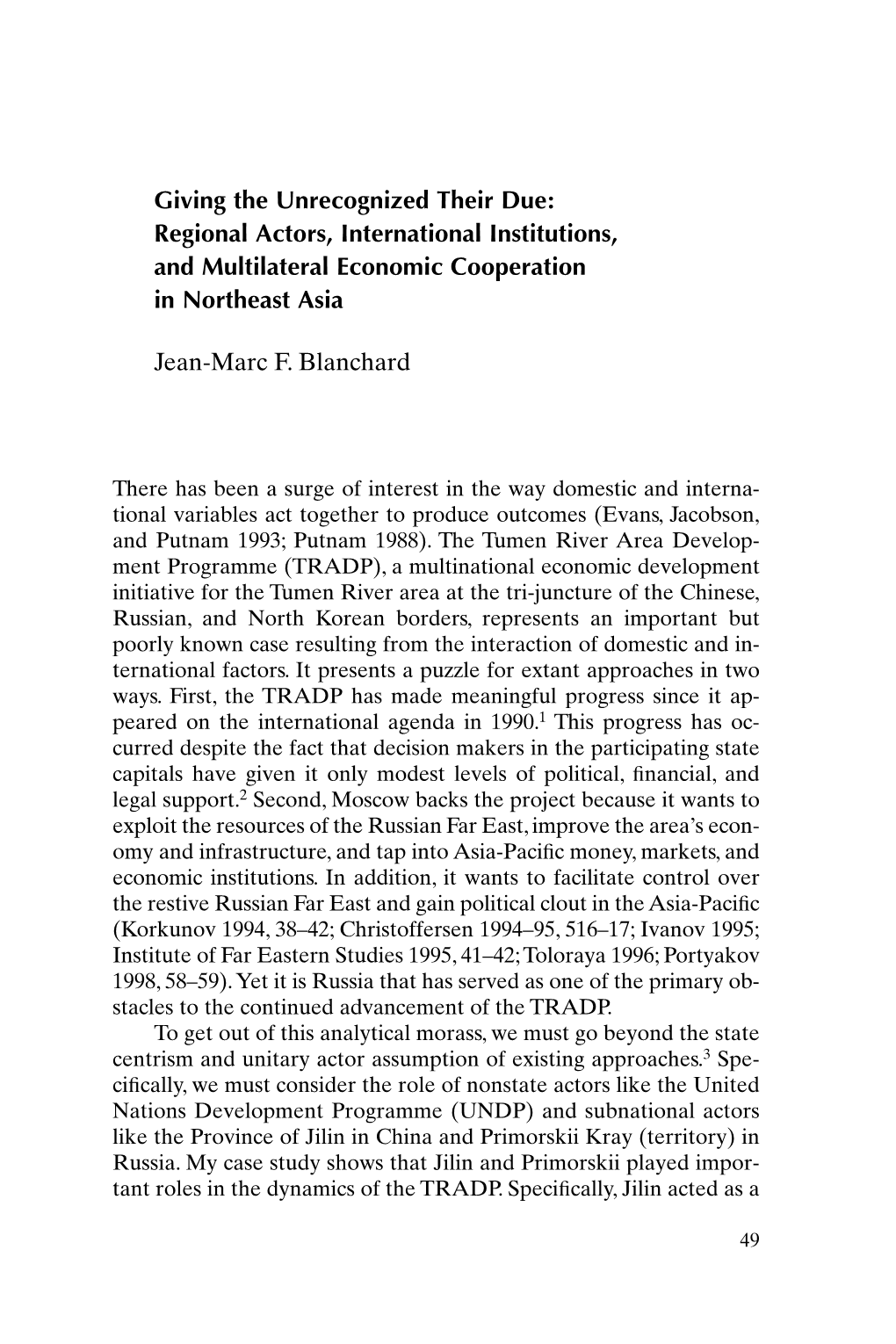 Regional Actors, International Institutions, and Multilateral Economic Cooperation in Northeast Asia