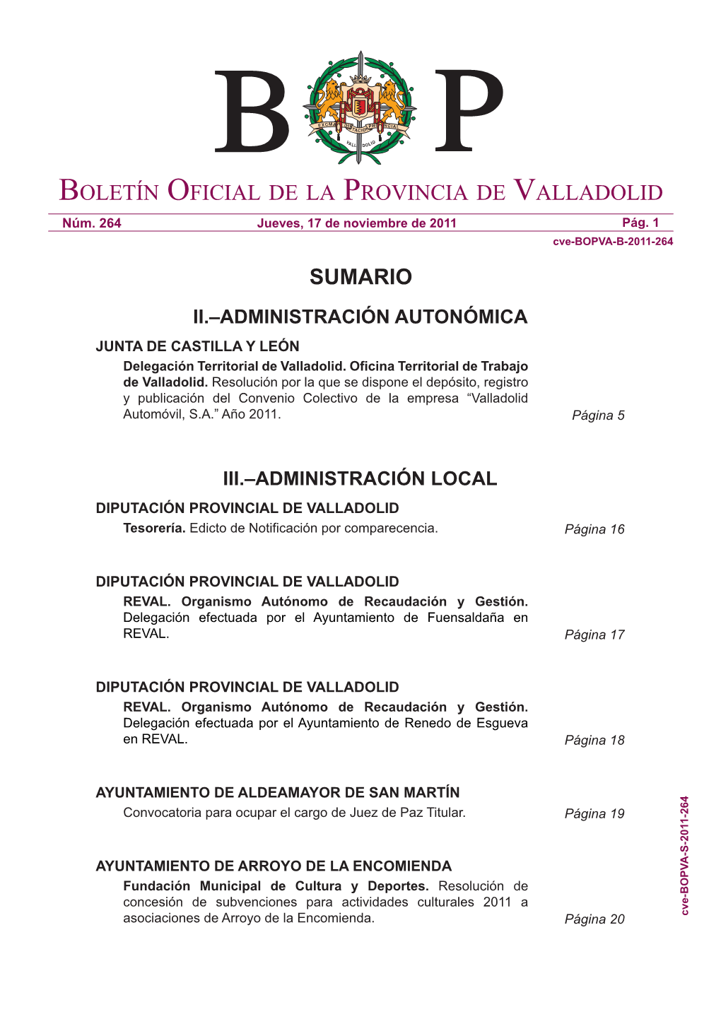 Boletín Oficial De La Provincia De Valladolid Sumario
