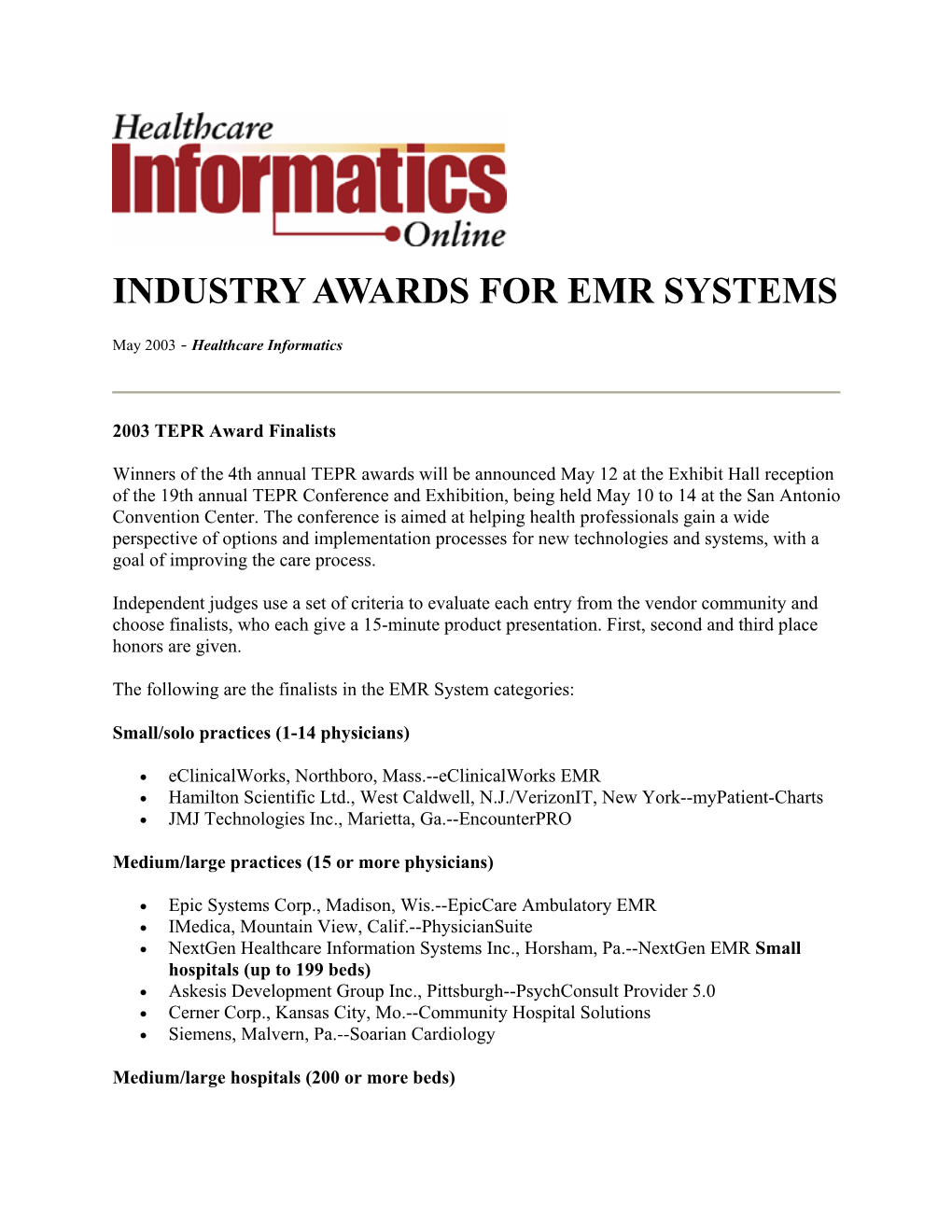 Industry Awards for Emr Systems