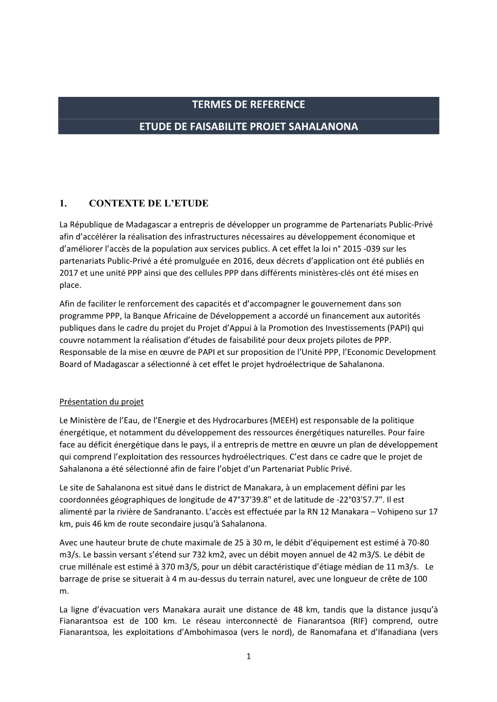 Termes De Reference Etude De Faisabilite Projet Sahalanona