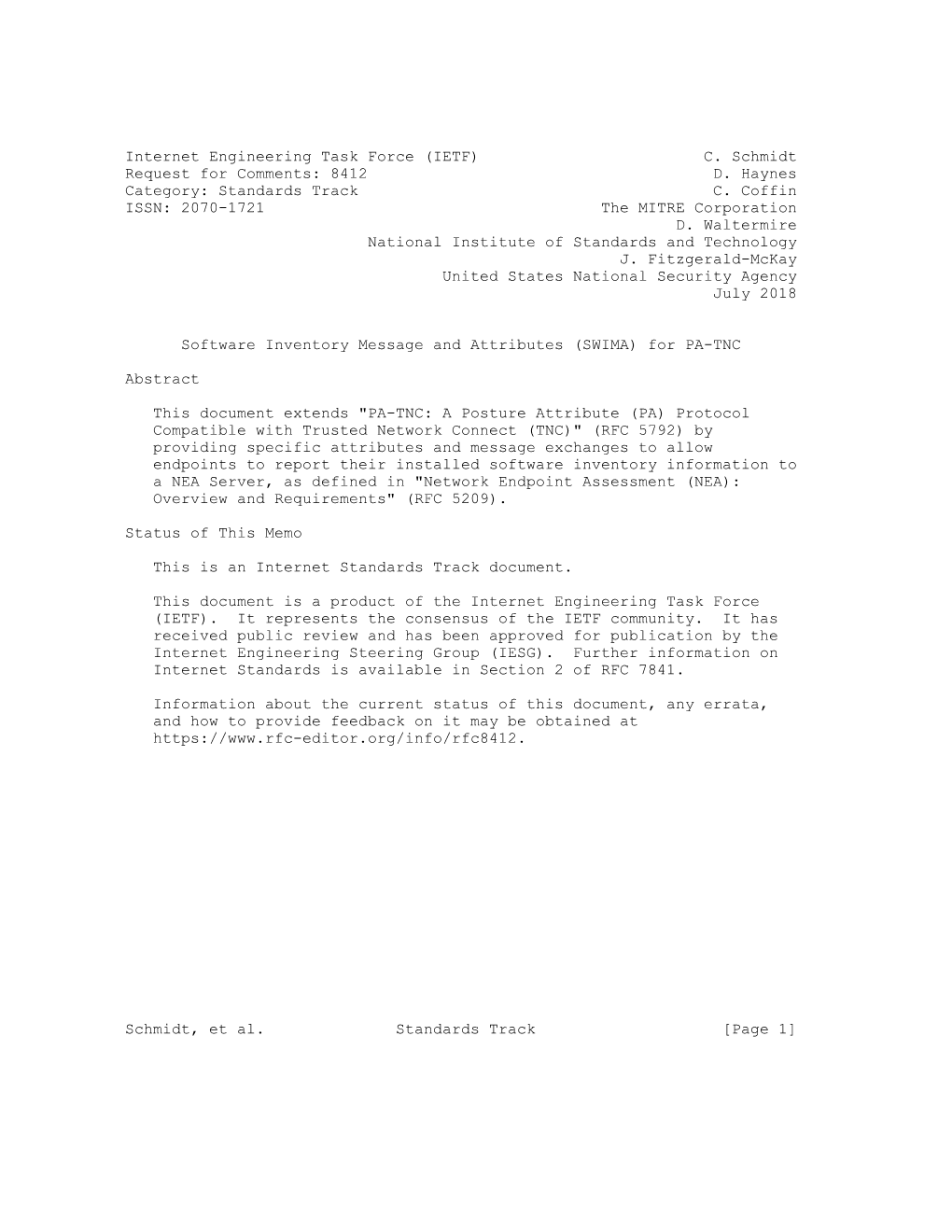 Internet Engineering Task Force (IETF) C. Schmidt Request for Comments: 8412 D