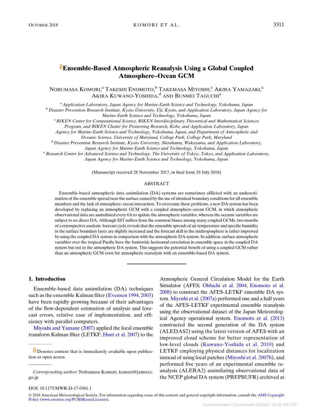 Ensemble-Based Atmospheric Reanalysis Using a Global Coupled Atmosphere–Ocean GCM