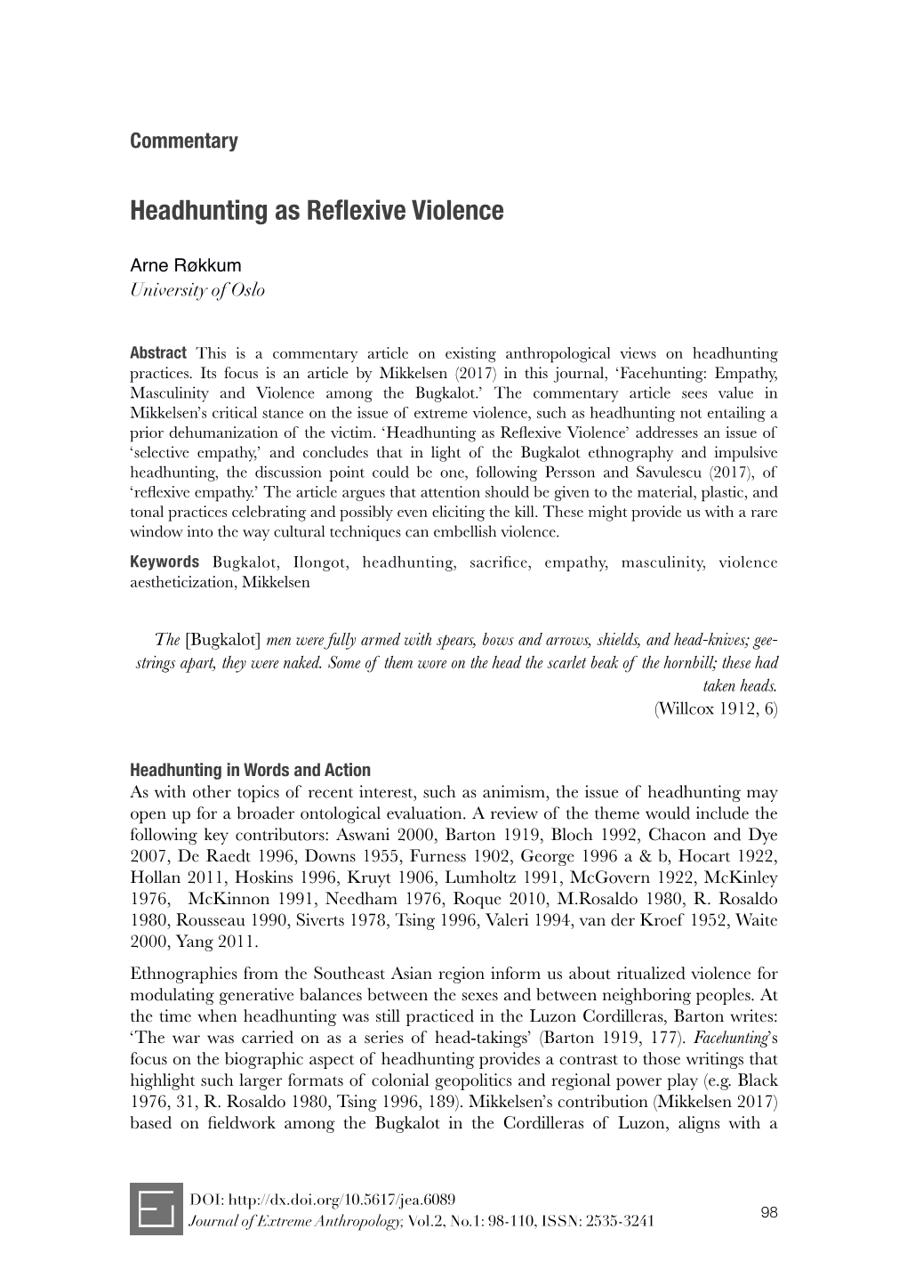 Headhunting As Reflexive Violence