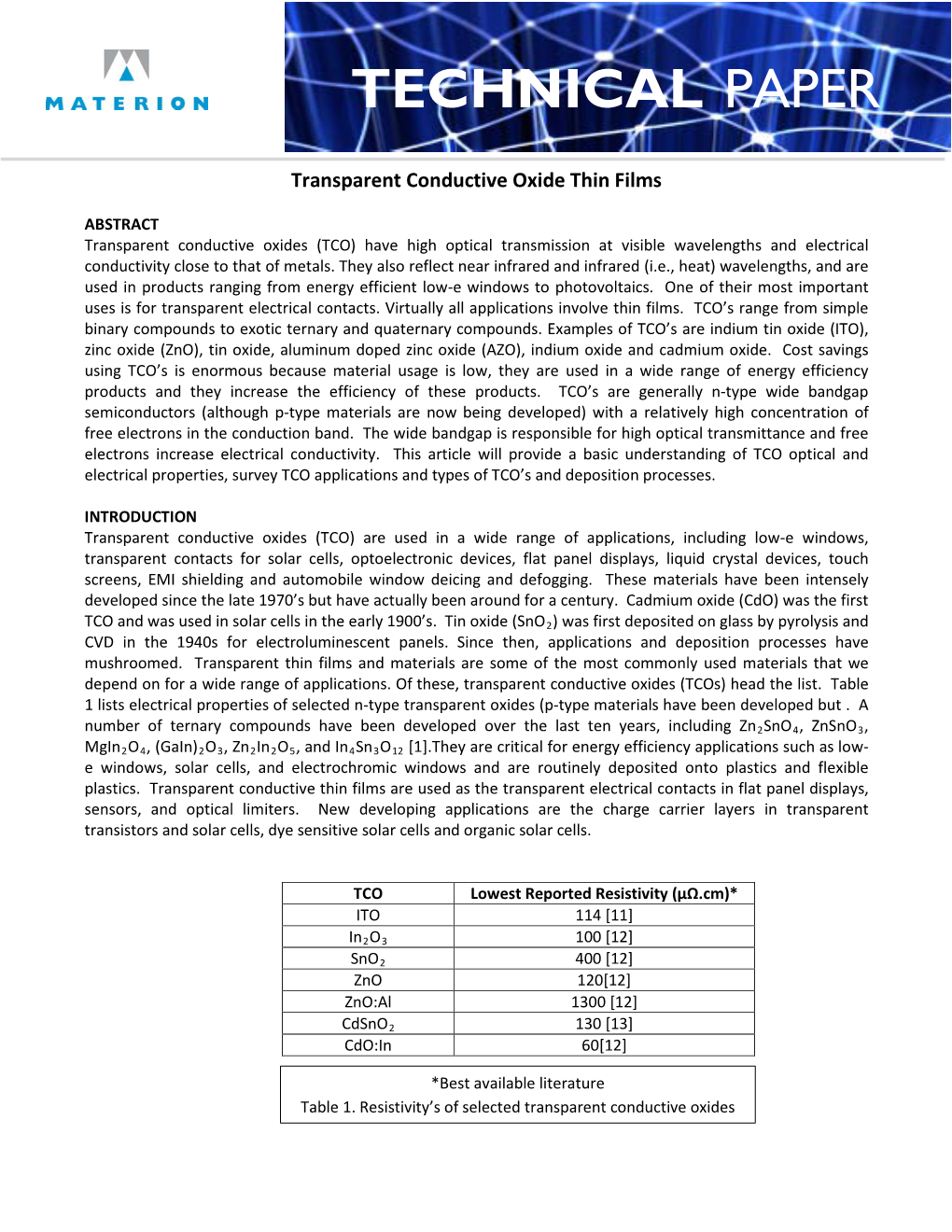 Transparent Conductive Oxide Thin Films