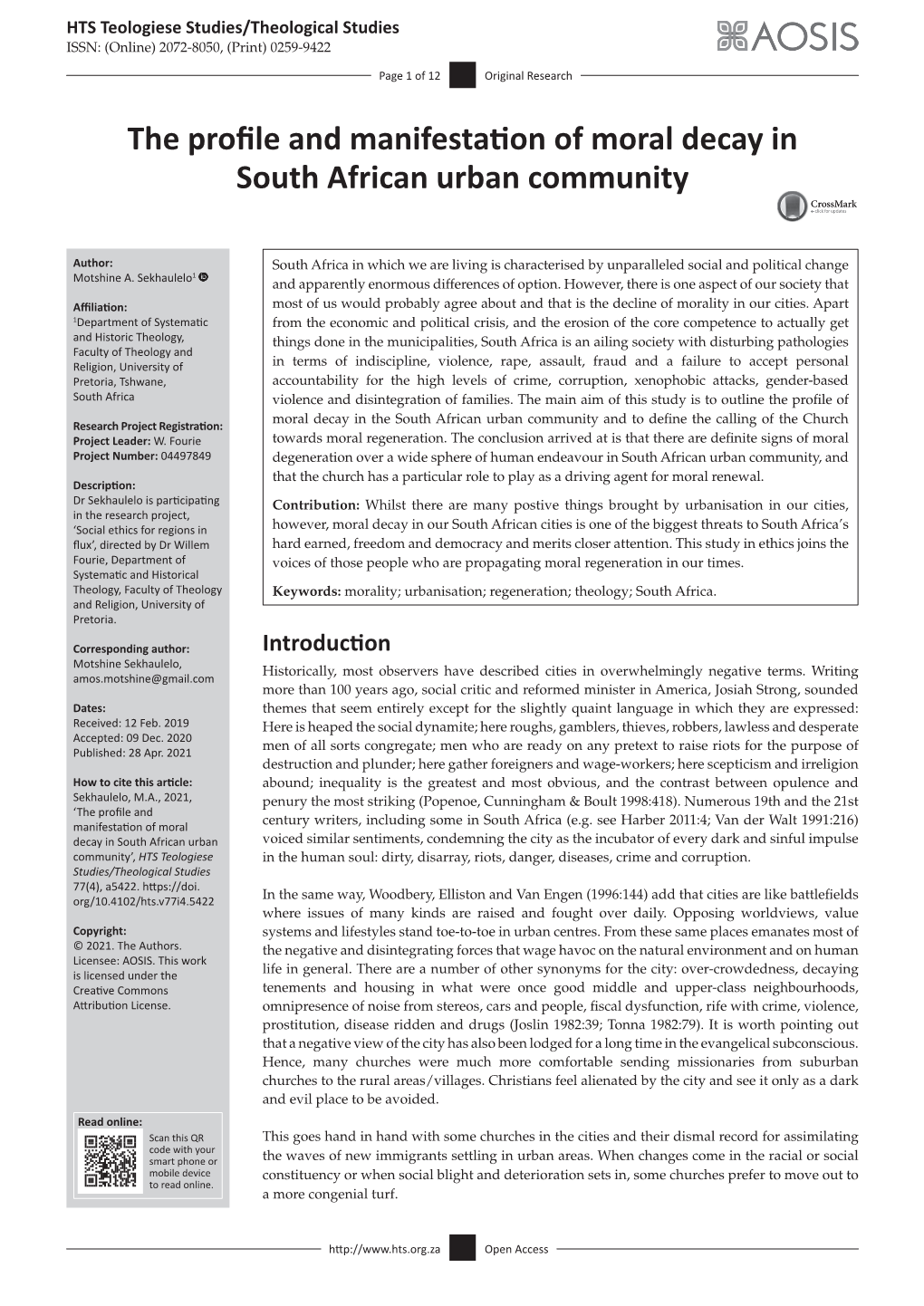 The Profile and Manifestation of Moral Decay in South African Urban Community