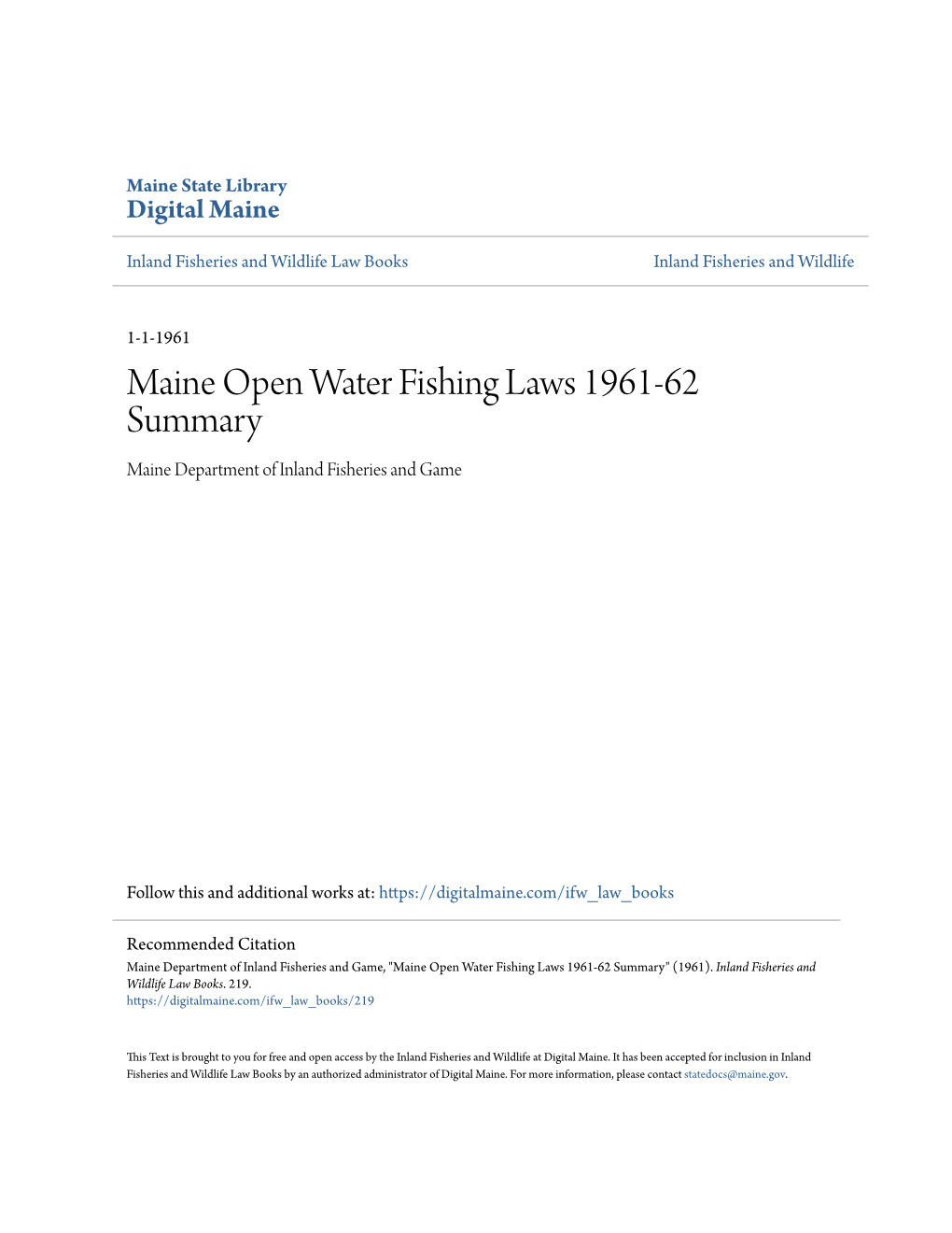 Maine Open Water Fishing Laws 1961-62 Summary Maine Department of Inland Fisheries and Game