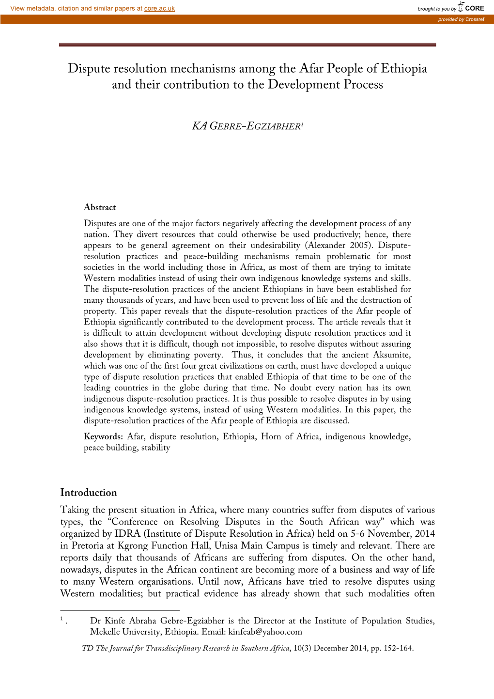 Dispute Resolution Mechanisms Among the Afar People of Ethiopia and Their Contribution to the Development Process