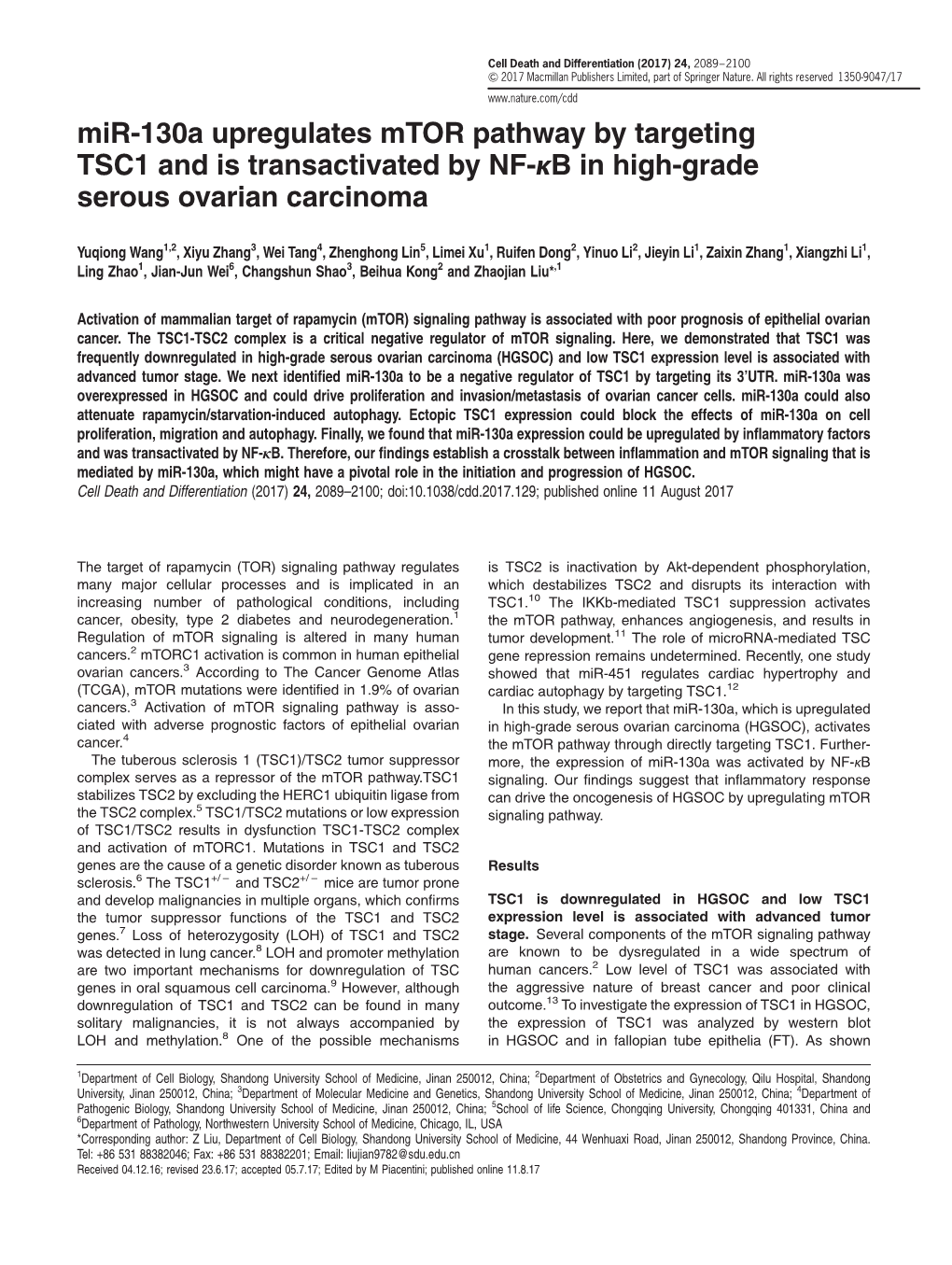 Mir-130A Upregulates Mtor Pathway by Targeting TSC1 and Is Transactivated by NF-Κb in High-Grade Serous Ovarian Carcinoma